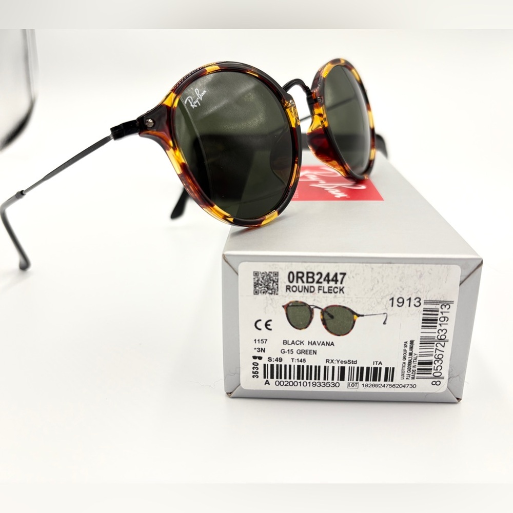 Beautiful Ray-Ban Round Fleck Sunglasses Rb2447 Unisex Black Havana 49-21-145 - Picture 14 of 14